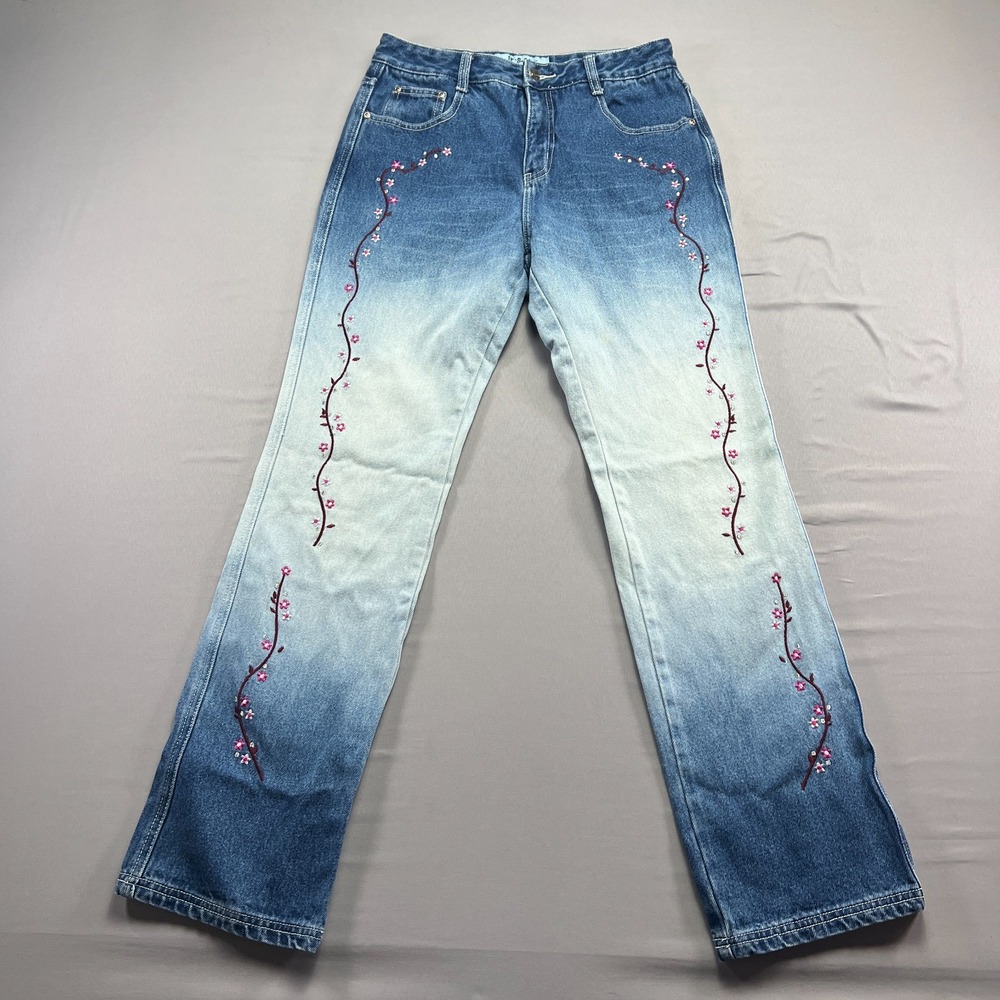 Jr-s.com Jeans Womens 9/10 Blue Denim Floral Embroidered Mid Rise Straight Leg